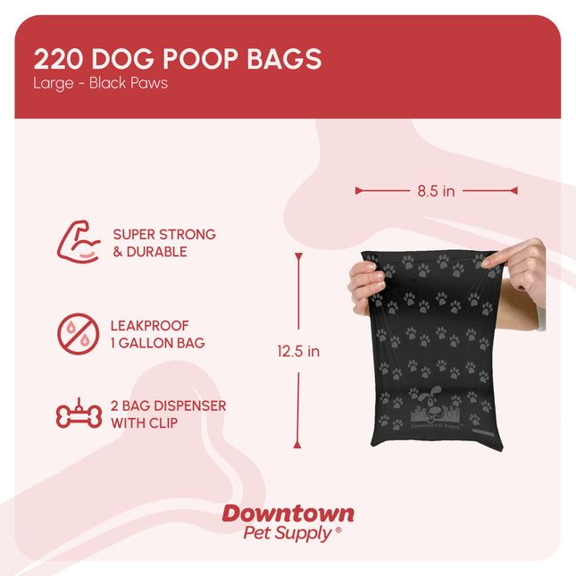 Dog Poop Bags, Free Poop Bag Holder, Black Paw Print, 220 Ct