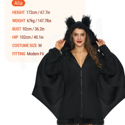 Women‘S Black Bat Costume Zip up Hooded Jumpsuit with Attached Ears for Halloween Party Cosplay and Themed Dress up XXL