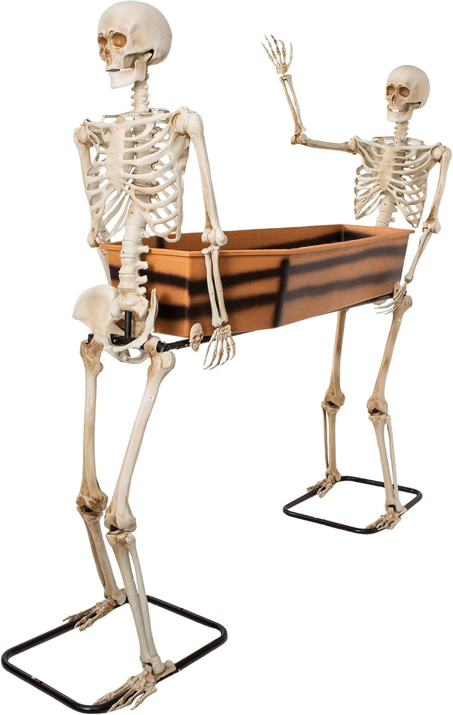 Halloween 5Ft Two Skeleton Carrying Coffin Decorations, Poseable Arms Pallbearers, Life Size Skull Decor, Halloween Party Cooler Prop, Outdoor Spooky Graveyard, Indoor Haunted House, Yard Display
