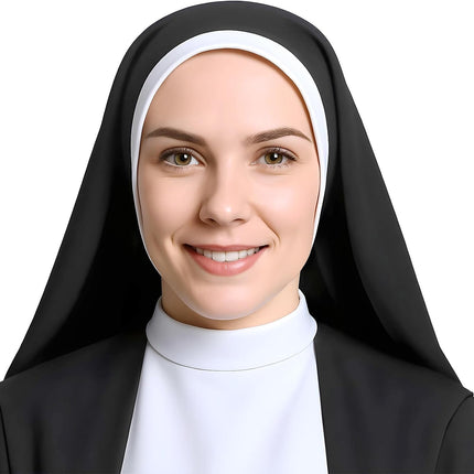 Nun Headpiece Costume, Elegant Nun Habit Cap Costume Accessory for Women, Nuns Veil Costumes for Halloween Cosplay Party, Nuns Headpiece Accessories (Black and White)