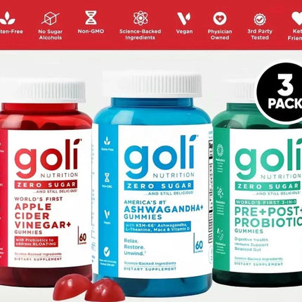 3 Bottles Goli Zero Sugar Best Seller Trio Set Gummies, 60 Counts per Bottle