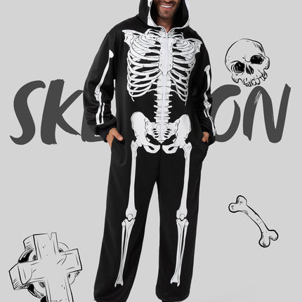 Skeleton Costume for Men, Adult Skeleton Halloween Costume Zip-Up Hooded Jumpsuit Pajama for Party Cosplay and Themed Dress up XXL