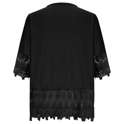 Cotton Linen Shirts for Women,Women'S Boho Tops Floral Lace Crochet V Neck Shirts 3/4 Sleeve Summer Blouse Loose Fit Tunics plus Size 2024,Black,M