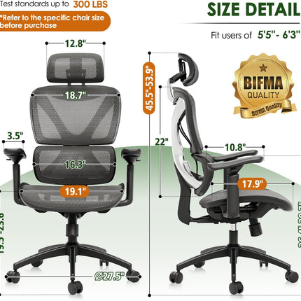 Ergonomic Office Chair, Big and Tall Mesh Chair with Lumbar Support, 3D Armrest - 215° Rotation, Adjustable Headrest & Soft Seat, Durable Desk Chair 350LBS for Work Gaming Computer,Grey