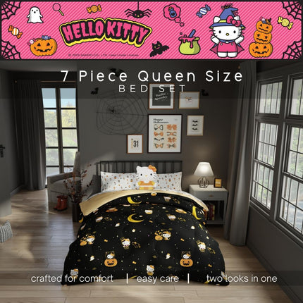Sanrio Hello Kitty Halloween Pumpkin Queen Bed Set – Super Soft & Cozy 5 Piece Reversible Comforter and Sheet Set (Officially Licensed Product) by