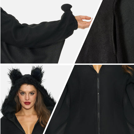 Women‘S Black Bat Costume Zip up Hooded Jumpsuit with Attached Ears for Halloween Party Cosplay and Themed Dress up XXL