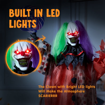 53" Halloween Animated Hanging Scary Clown Decorations Outdoor,Sound Activated Screaming & Waving Arms,Red Glowing Light up Eyes,Outdoor Halloween Prop for Yard Lawn Haunted House