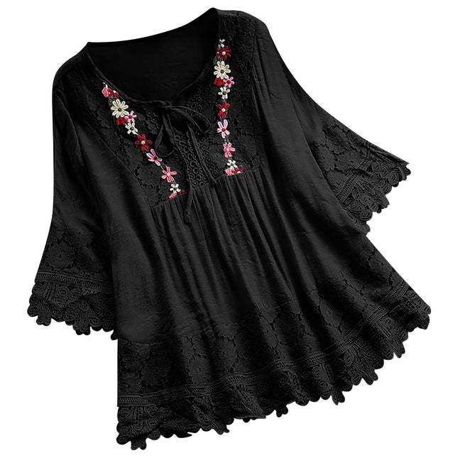 Cotton Linen Shirts for Women,Women'S Boho Tops Floral Lace Crochet V Neck Shirts 3/4 Sleeve Summer Blouse Loose Fit Tunics plus Size 2024,Black,M