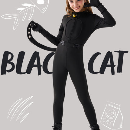 Black Cat Costume for Girls, Kids Cat Outfit Set with Tail, Child Black Cat Halloween Costume for Cosplay Party