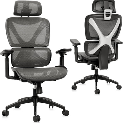 Ergonomic Office Chair, Big and Tall Mesh Chair with Lumbar Support, 3D Armrest - 215° Rotation, Adjustable Headrest & Soft Seat, Durable Desk Chair 350LBS for Work Gaming Computer,Grey