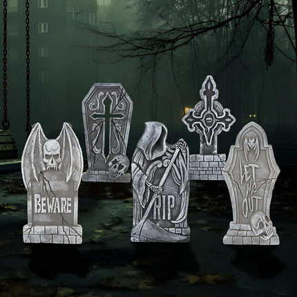 17" Halloween Decorations Outdoor Tombstones,5 Pack Halloween Graveyard Foam Headstones Decor with 12 Metal Stakes for Prop Cemetery Yard Lawn Decorations,Party Supplies
