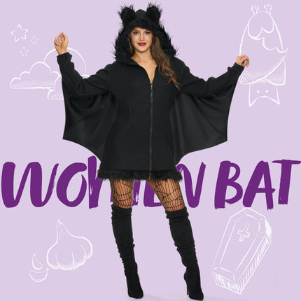 Women‘S Black Bat Costume Zip up Hooded Jumpsuit with Attached Ears for Halloween Party Cosplay and Themed Dress up XXL