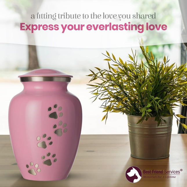 Ottillie Paws Legacy Series Pet Urn for Dogs, Handmade Aluminum Memorial Cremation Urn (Large - Pets up to 115 Lbs, Ardent Pink, Vertical Pewter Paws)