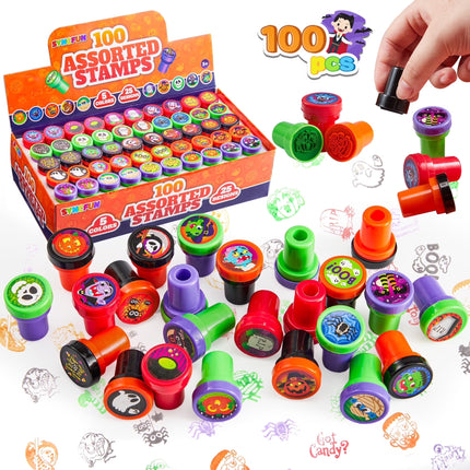 100 Pcs Halloween Assorted Stamps for Kids – Halloween Toy Stamps, Party Favors for Trick-Or-Treaters, Goodie Bag Fillers, Prizes & Basket Stuffers