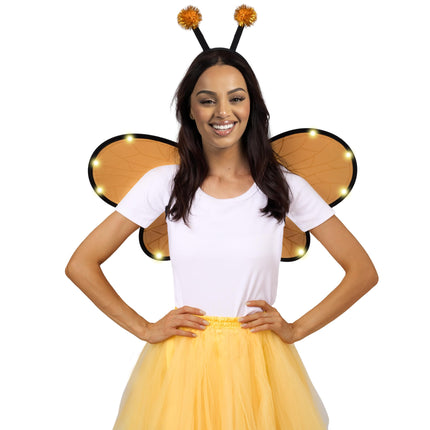 2 Pcs Yellow Bumble Bee Wings with Light Up, Bee Antenna Headband Set for Girls Halloween Animal Costume Cosplay Party