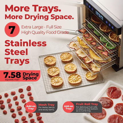 Pro Food Dehydrator Machine | 7 XL Stainless Steel Trays | Dryer for Jerky, Dog Treats, Herb, Meat, Beef, Fruit | Keep Warm Function, Digital Timer and Temperature Control, ETL Approved