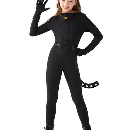 Black Cat Costume for Girls, Kids Cat Outfit Set with Tail, Child Black Cat Halloween Costume for Cosplay Party