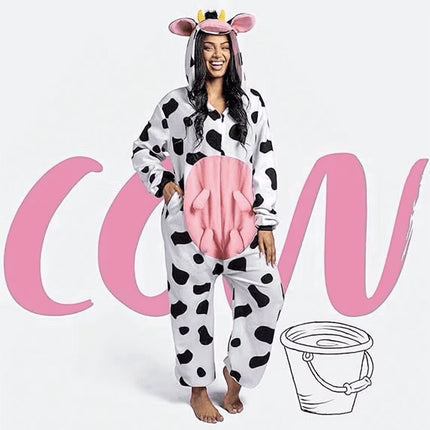 Adult Cow Pajamas, Realistic Plush Cow Costume Jumpsuit Outfit Hooded Halloween Costume Sleepwear for Halloween Cosplay Animal Themed Parties(Large)