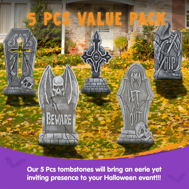 17" Halloween Decorations Outdoor Tombstones,5 Pack Halloween Graveyard Foam Headstones Decor with 12 Metal Stakes for Prop Cemetery Yard Lawn Decorations,Party Supplies