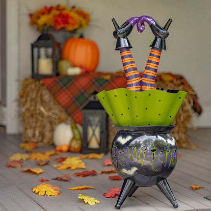 Metal Halloween Figurine Statue Decorations with Bobbly Heads (Smaller Size, Witch in Cauldron)