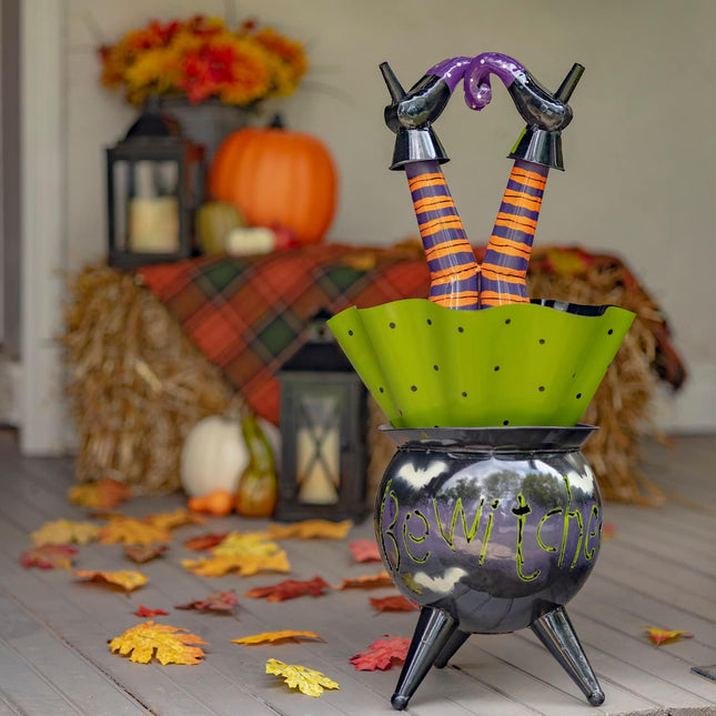 Metal Halloween Figurine Statue Decorations with Bobbly Heads (Smaller Size, Witch in Cauldron)