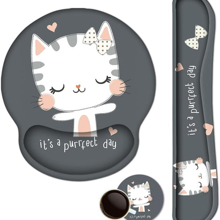 Keyboard Mouse Pad Wrist Rest, Gel Ergonomic Wrist Rest Support Mousepads,Non Slip Rubber Base Wrist Support with Memory Foam for Laptop Computer Home Office Work, Durable Comfortable,Cute Cat