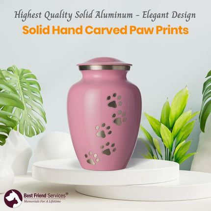 Ottillie Paws Legacy Series Pet Urn for Dogs, Handmade Aluminum Memorial Cremation Urn (Large - Pets up to 115 Lbs, Ardent Pink, Vertical Pewter Paws)