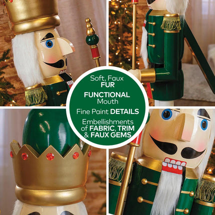 Large Classic Green Wood Holiday Nutcracker with Scepter, 3 Ft