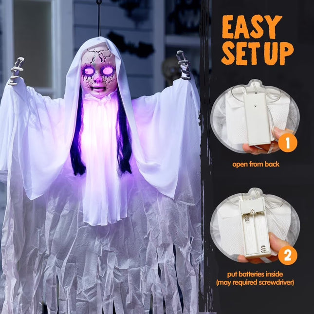 43" Hanging Ghost Girl Halloween Decor,Scary Ghost Sound Activated with Light-Up Head,Scary Decoration for Yard,Patio,Lawn,Garden & Haunted House