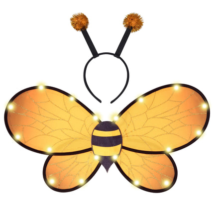 2 Pcs Yellow Bumble Bee Wings with Light Up, Bee Antenna Headband Set for Girls Halloween Animal Costume Cosplay Party