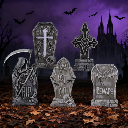 17" Halloween Decorations Outdoor Tombstones,5 Pack Halloween Graveyard Foam Headstones Decor with 12 Metal Stakes for Prop Cemetery Yard Lawn Decorations,Party Supplies