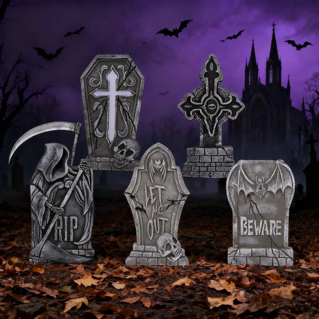 17" Halloween Decorations Outdoor Tombstones,5 Pack Halloween Graveyard Foam Headstones Decor with 12 Metal Stakes for Prop Cemetery Yard Lawn Decorations,Party Supplies