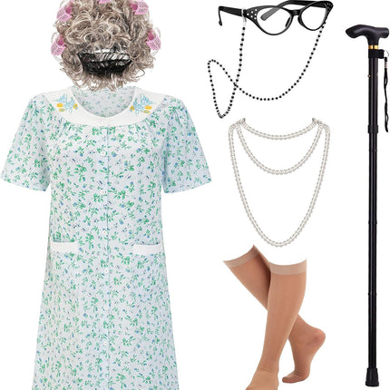 Women'S Old Lady Costume Kit with Nightgown Wig Cane & Other Halloween Cosplay Accessories