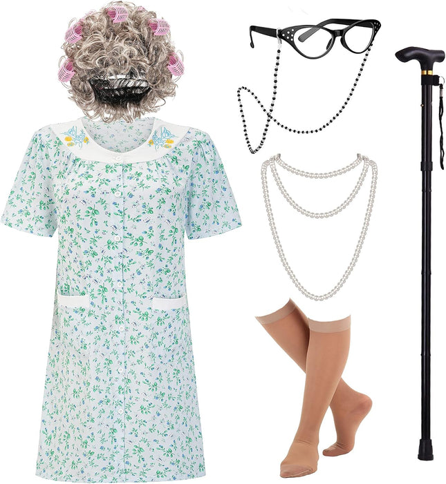 Women'S Old Lady Costume Kit with Nightgown Wig Cane & Other Halloween Cosplay Accessories