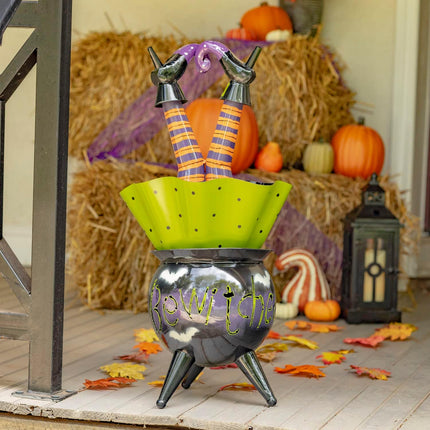 Metal Halloween Figurine Statue Decorations with Bobbly Heads (Smaller Size, Witch in Cauldron)