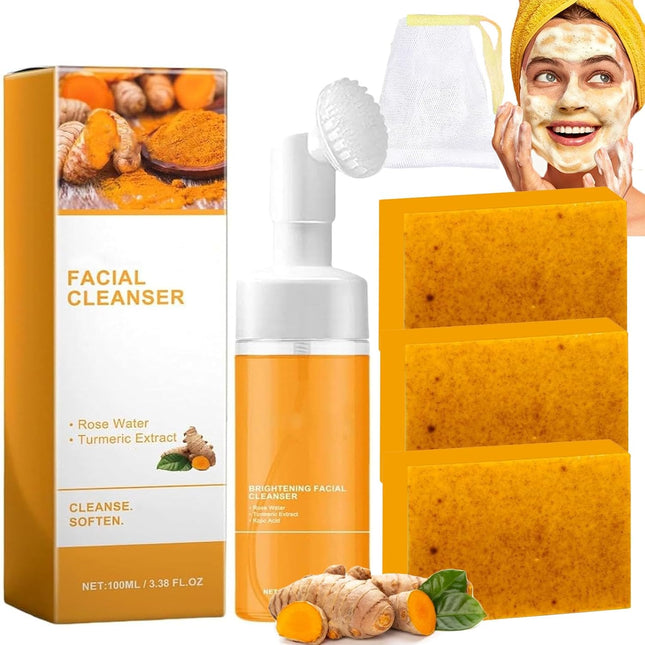 Turmeric Wash and Care Two Piece Set, Turmeric Soap & Face Wash with Brush, Foaming Mousse Facial Deep Cleansing Exfoliating for Face & Body Skin Care (2,2Set)