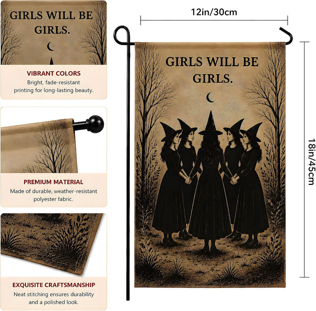 Halloween Decorations - Witch GIRLS WILL BE GIRLS Garden Flag | Halloween Party Decorations for Outdoor Indoor outside - Trick or Treat Banner Decor for Garden Porch Patio Lawn Yard Party Favors Supplies