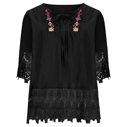 Cotton Linen Shirts for Women,Women'S Boho Tops Floral Lace Crochet V Neck Shirts 3/4 Sleeve Summer Blouse Loose Fit Tunics plus Size 2024,Black,M