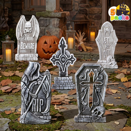 17" Halloween Decorations Outdoor Tombstones,5 Pack Halloween Graveyard Foam Headstones Decor with 12 Metal Stakes for Prop Cemetery Yard Lawn Decorations,Party Supplies