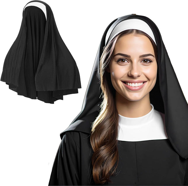 Nun Headpiece Costume, Elegant Nun Habit Cap Costume Accessory for Women, Nuns Veil Costumes for Halloween Cosplay Party, Nuns Headpiece Accessories (Black and White)