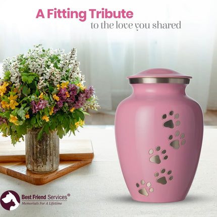 Ottillie Paws Legacy Series Pet Urn for Dogs, Handmade Aluminum Memorial Cremation Urn (Large - Pets up to 115 Lbs, Ardent Pink, Vertical Pewter Paws)